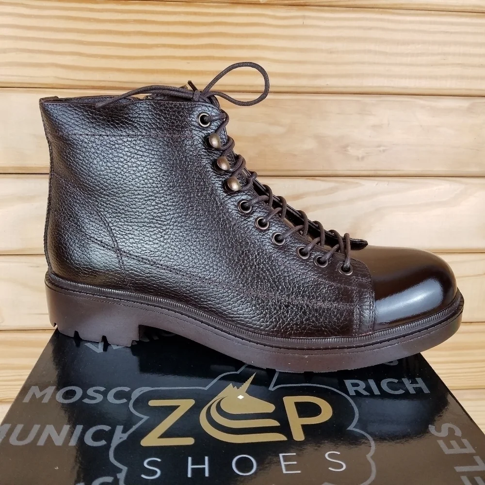 Men's 100% Genuine Leather Brown Ankle Boots by Paul Branco Side Zip Lace-up 11M